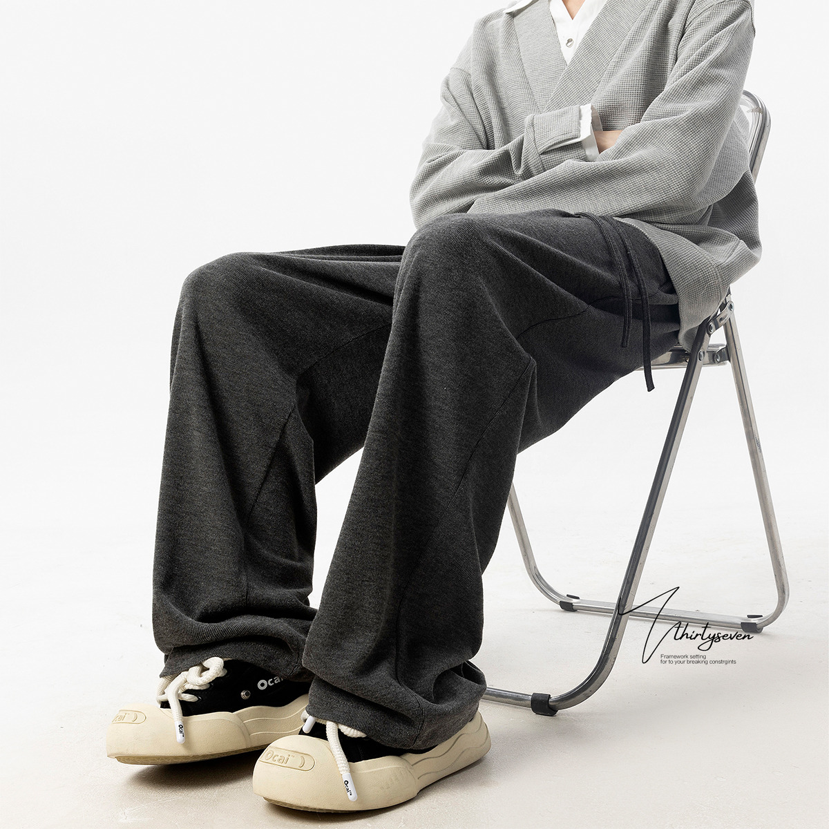 V37灰色阔腿裤子男冬季新款