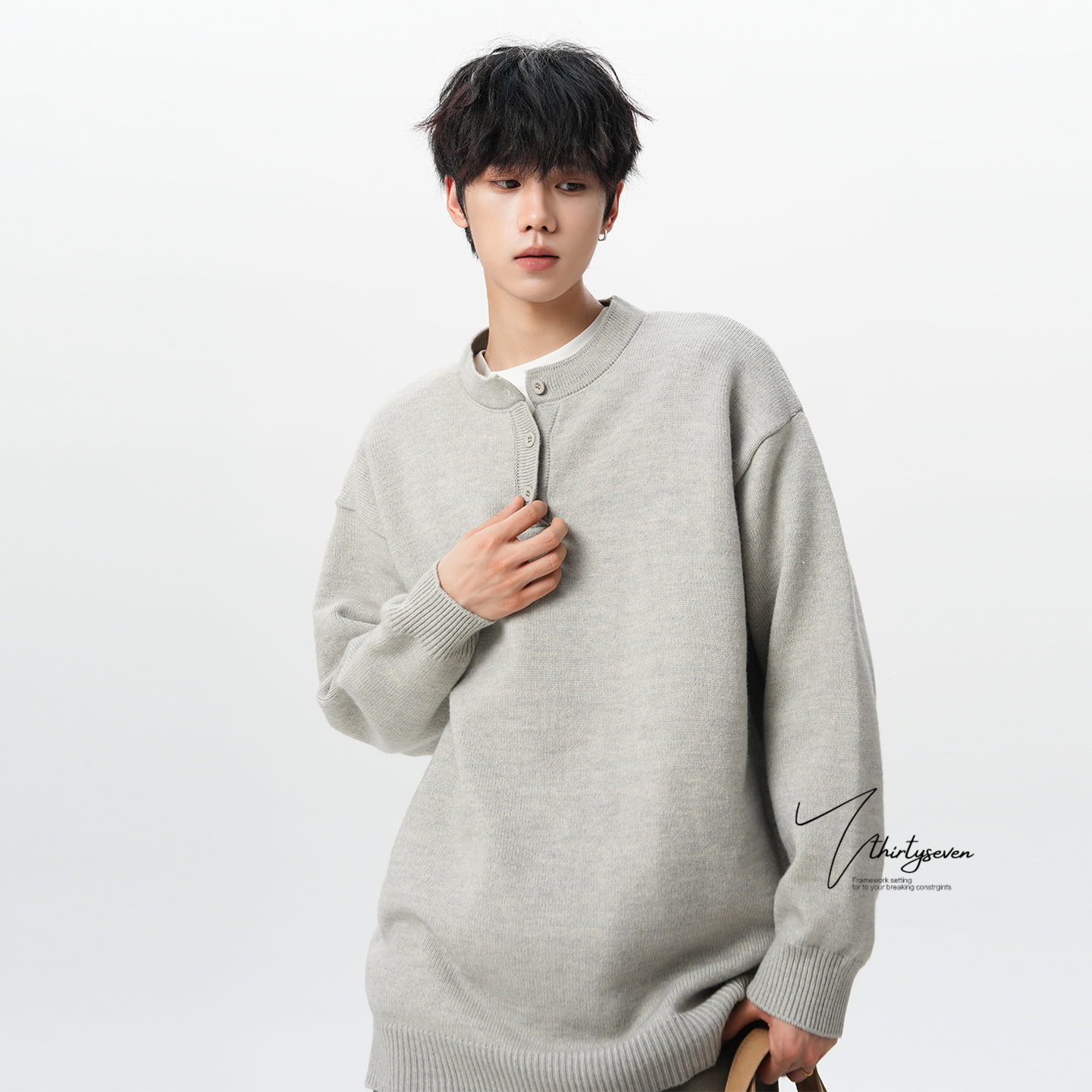 秋冬季宽松大码亨利领毛衣男款