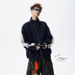 潮牌痞帅宽松休闲立领外套 运动夹克男春季 V37美式 撞色拼接插肩袖