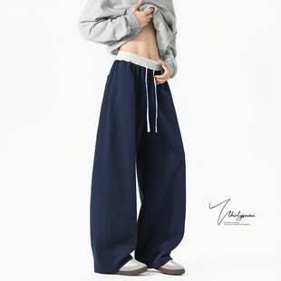 宽松阔腿加绒裤 hiphop运动长裤 子 男秋美式 V37藏青色撞色拼接卫裤