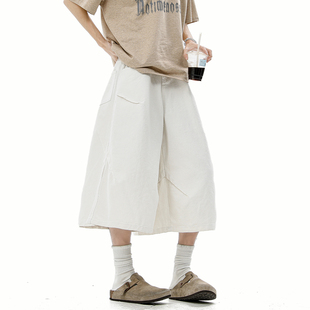 V37白色牛仔短裤男款秋季2026新款美式水洗做旧宽松直筒七分裤子