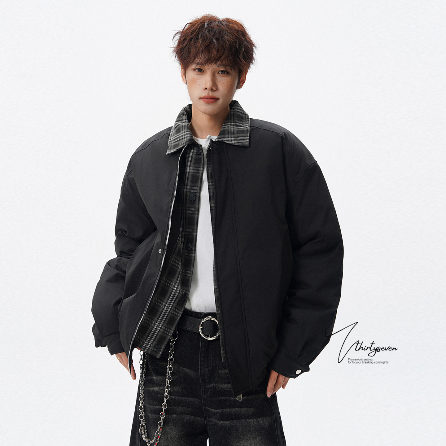 设计感痞帅翻领假两件夹克棉服