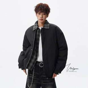 V37设计感痞帅翻领假两件夹克棉服男冬美式 潮牌格纹拼接棉衣外套