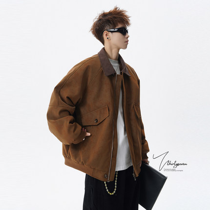 V37美拉德复古翻领棉衣男冬高级感小众加厚保暖休闲情侣工装外套