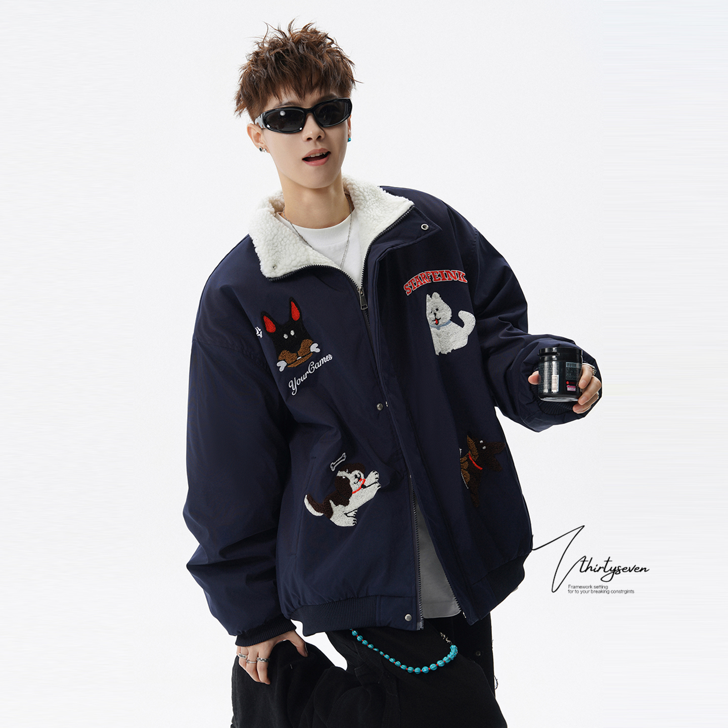 V37卡通小狗毛巾绣保暖情侣棉衣男款冬季美式潮牌翻领羊羔毛外套