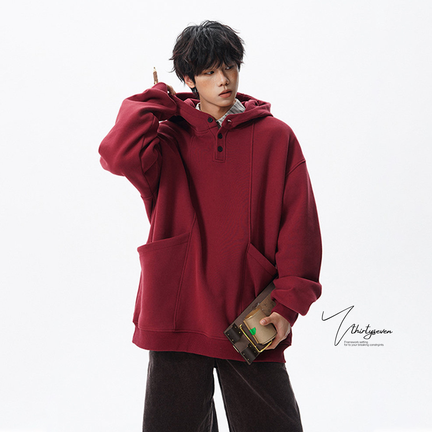 V37美式复古高领连帽卫衣男秋季