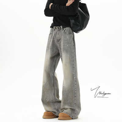 美式水洗做旧烟灰色牛仔裤