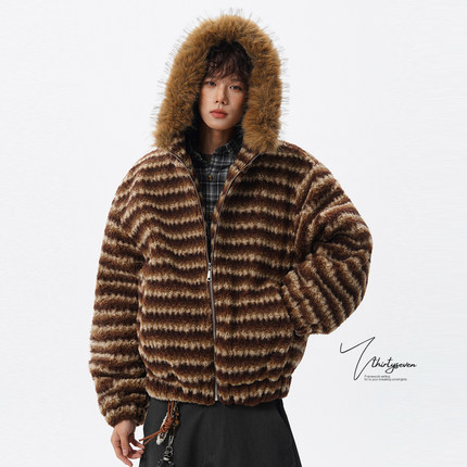 V37美式复古撞色条纹费尔岛棉衣男款冬季重磅慵懒感羊羔毛领外套