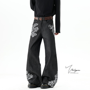 子 男冬设计感拼接直筒微喇裤 V37美式 街头小众花卉印花黑色牛仔裤