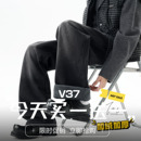 抽绳休闲裤 V37美式 大码 男冬Vintage宽松直筒裤 黑色磨白加绒牛仔裤