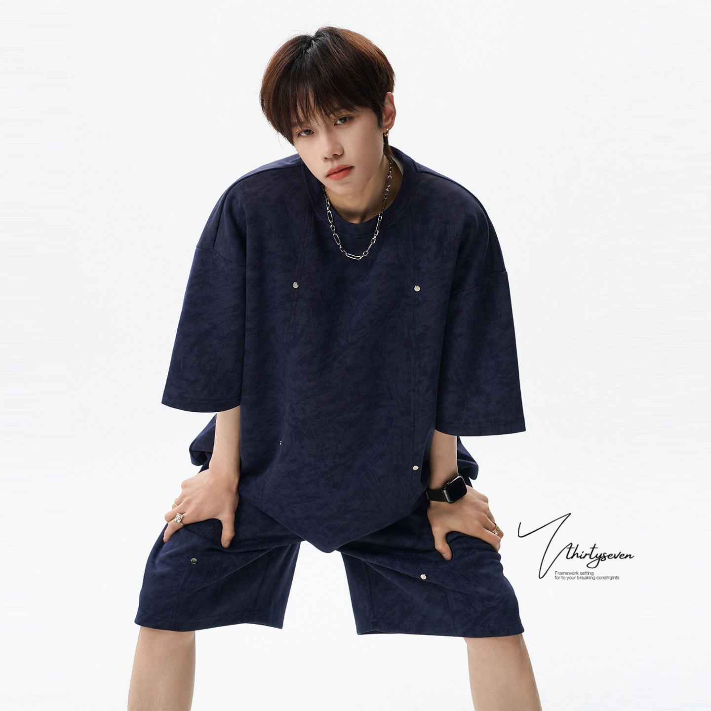 V37高街复古扎染设计感运动套装男夏季美式青少年短袖短裤两件套