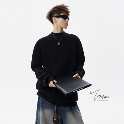 美式复古黑色半高领针织毛衣