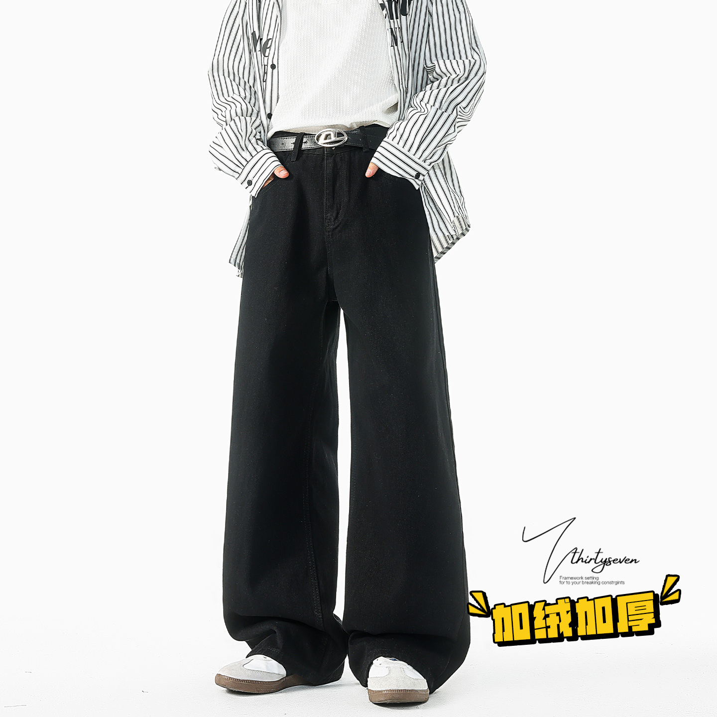 美式高街风黑色加绒阔腿牛仔裤