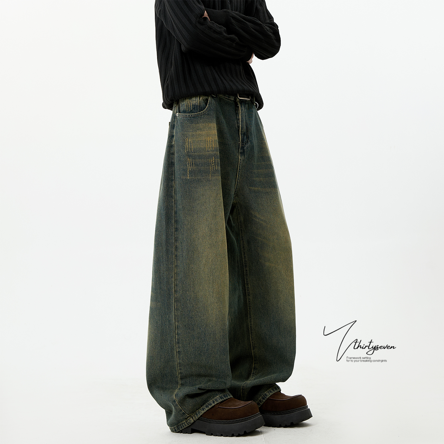 复古蓝做旧水洗阔腿牛仔裤男