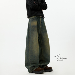 V37复古蓝做旧水洗加绒牛仔裤男款冬季美式街头扎染宽松弯刀裤子