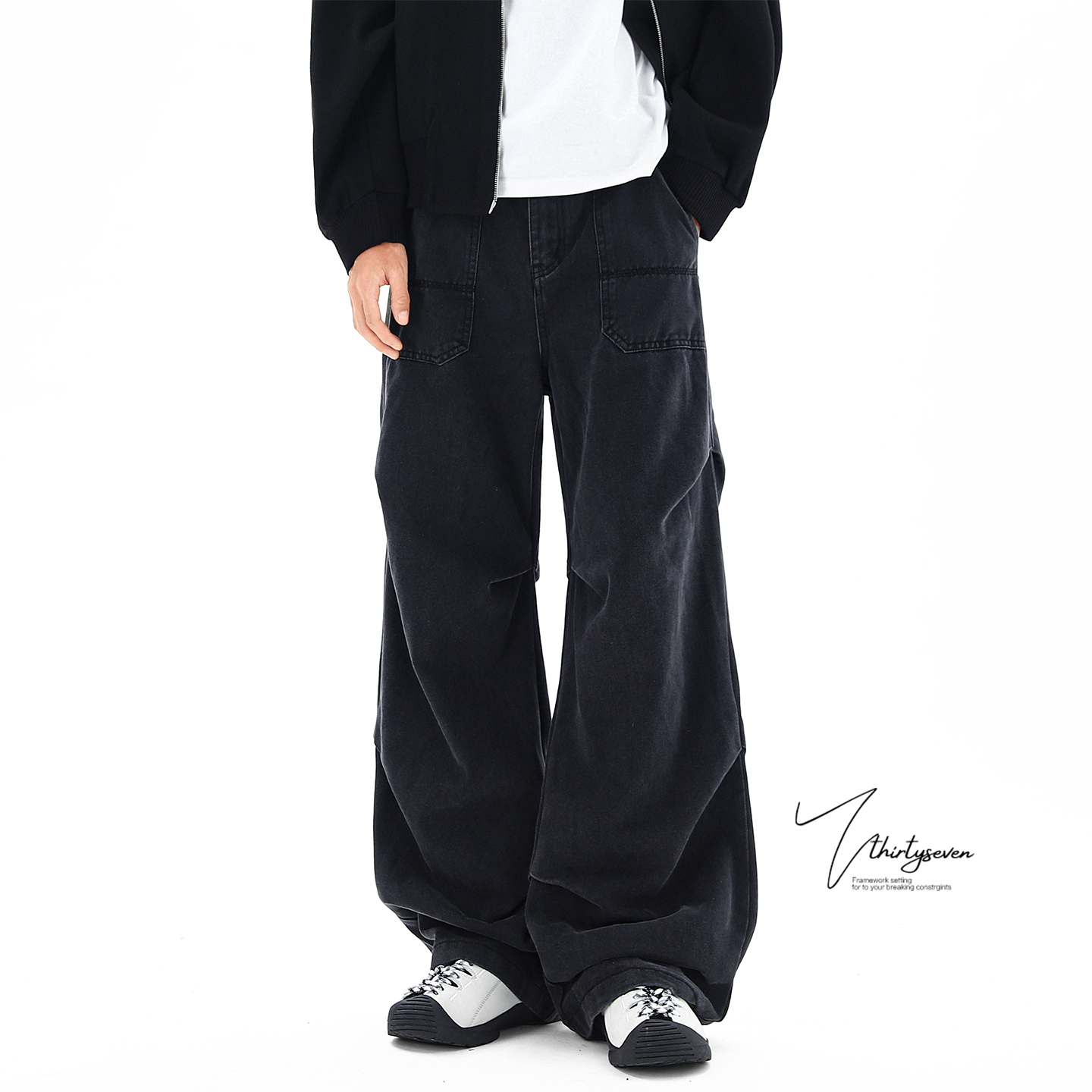 高街vintage设计感褶皱工装裤男