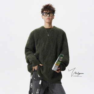宽松简约套头毛衣 男秋冬新款 V37美式 重磅马海毛肌理感圆领针织衫