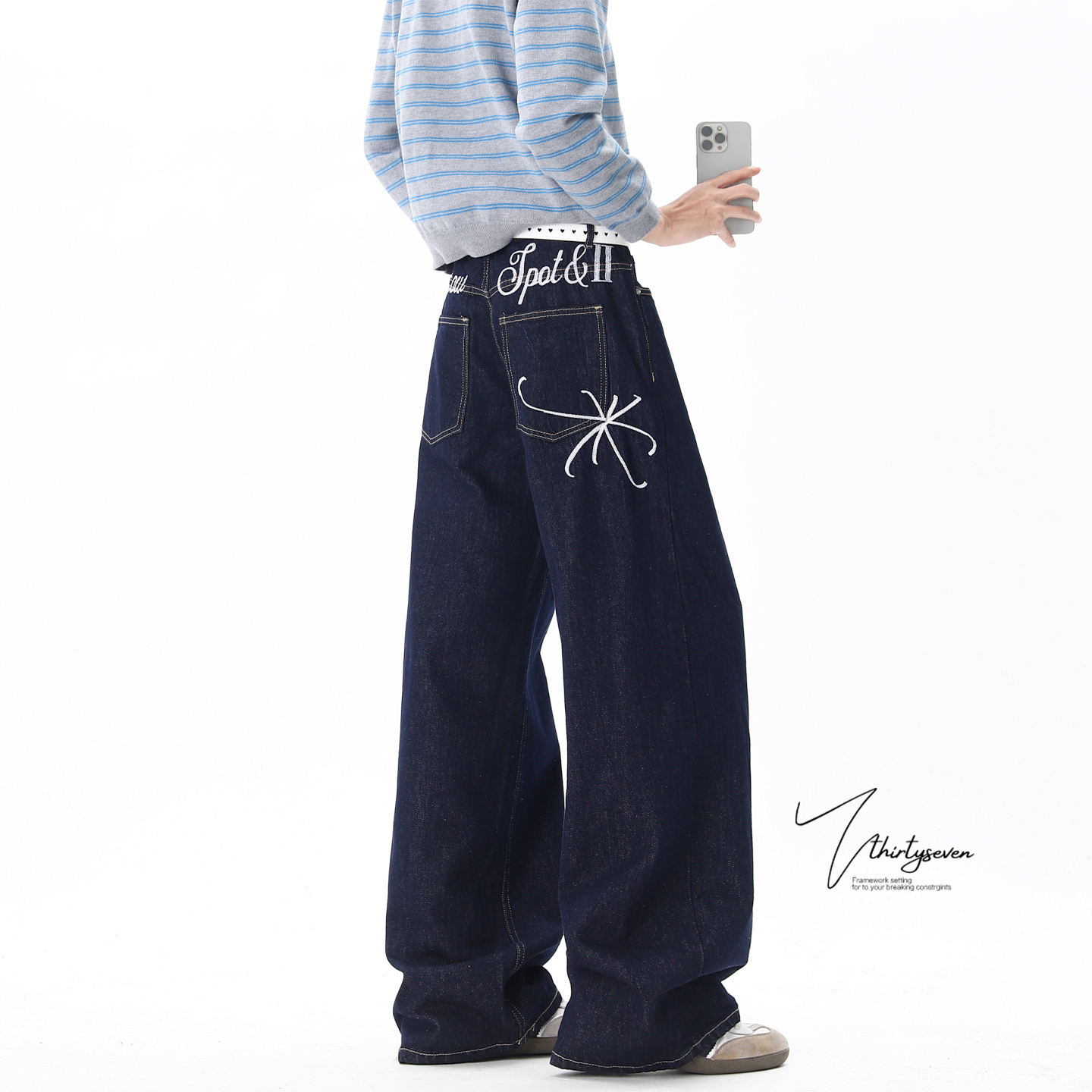 美式潮牌深蓝色刺绣牛仔裤男冬