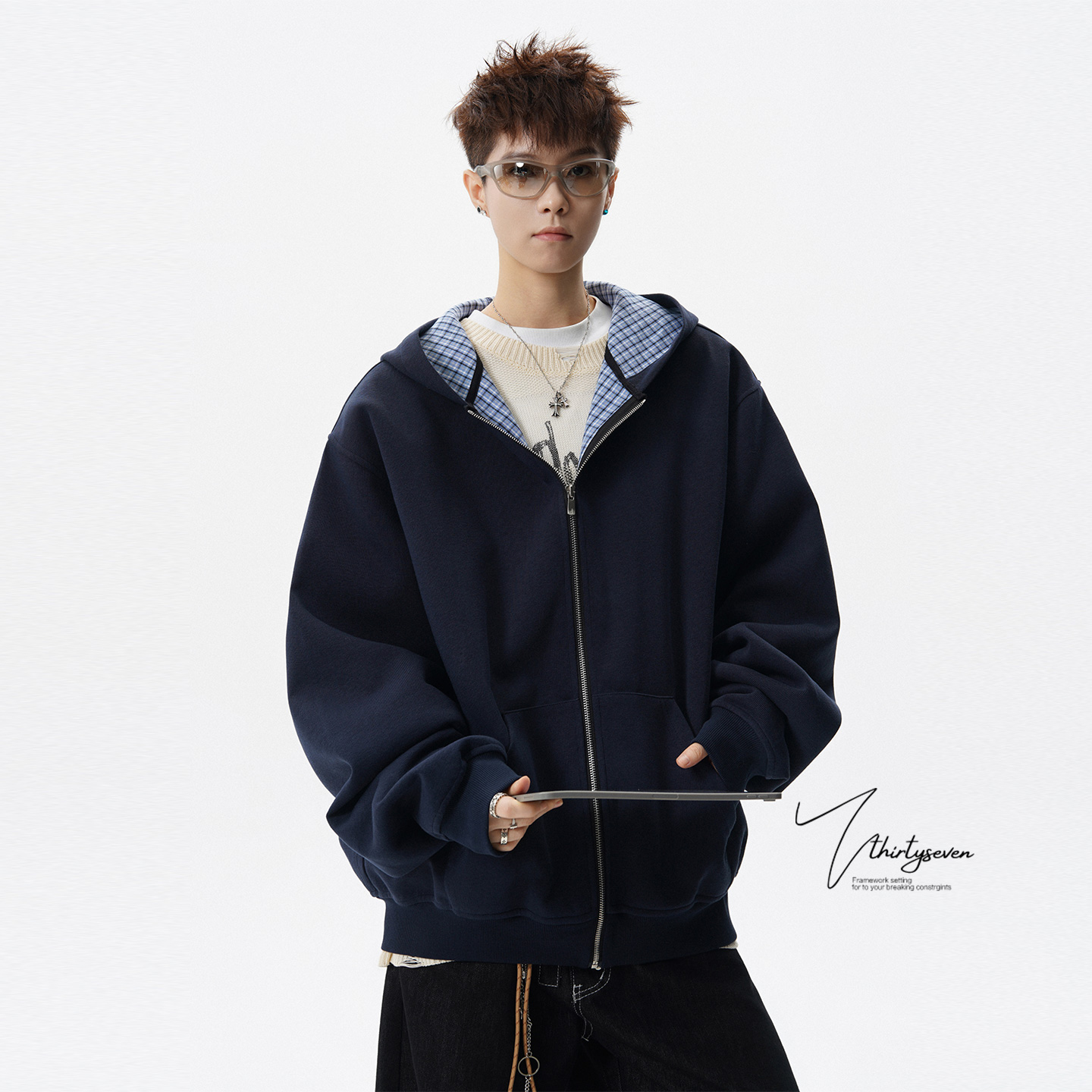 美式重磅藏青色格纹连帽外套男冬