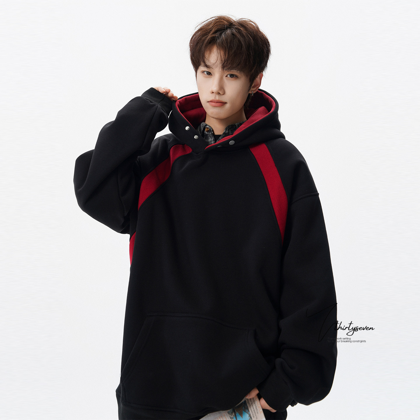 美式高街撞色拼接重磅连帽卫衣