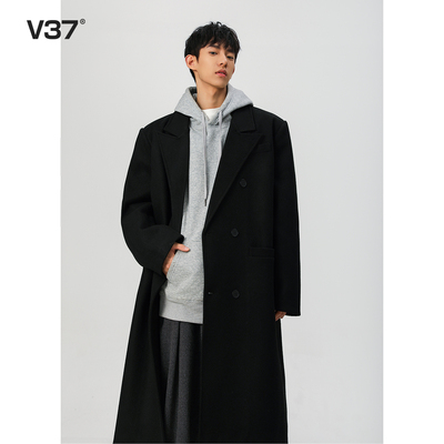 V37黑色高级感毛呢大衣男款