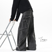 vintage高街宽松阔腿裤 男春季 水洗小众毛边弯刀廓形牛仔裤 V37美式