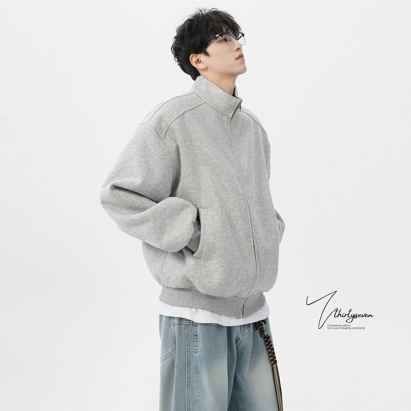 美式重磅白花灰立领卫衣开衫男