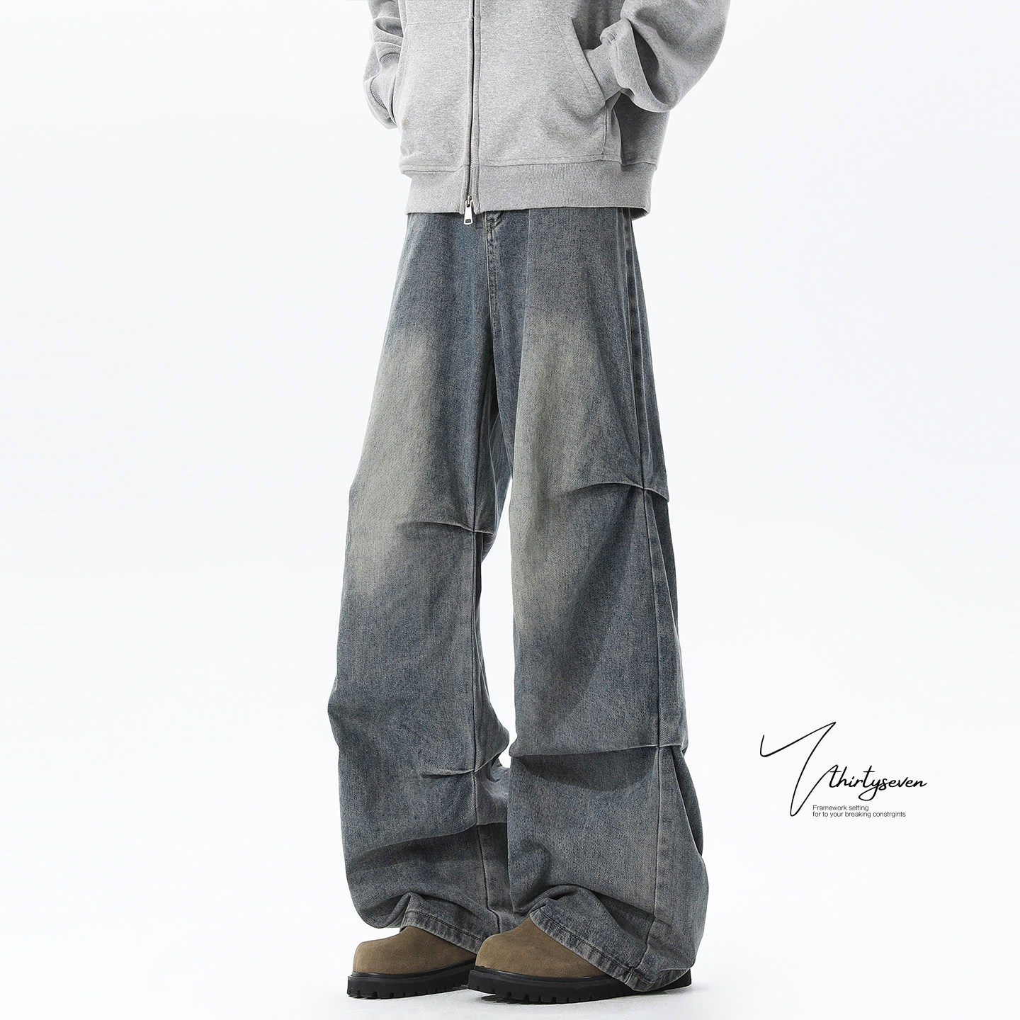 美式复古褶皱弯刀牛仔裤