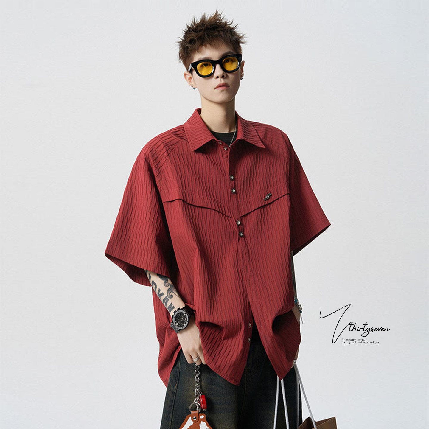 V37美式设计感短袖衬衫男款