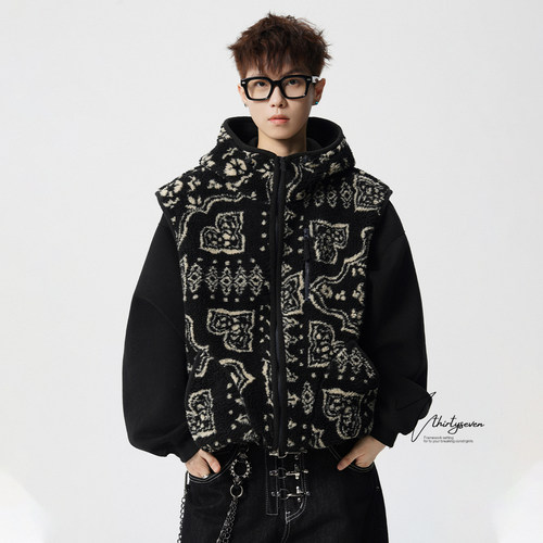 费尔岛复古设计感连帽棉服马甲男