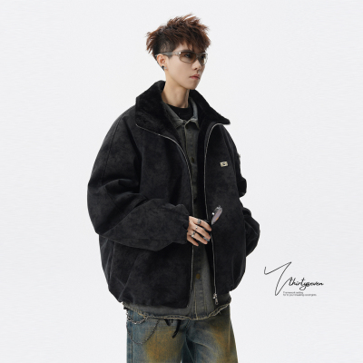 重磅仿羊羔绒皮毛一体外套男