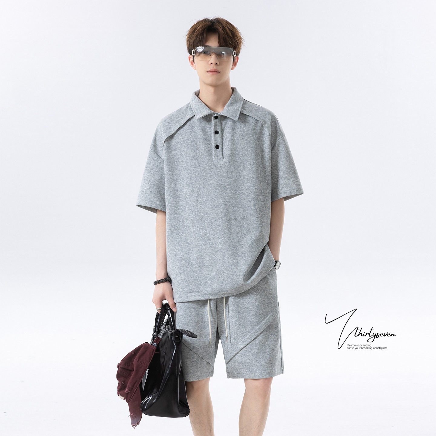 V37潮牌休闲运动套装男春季高级感带褶短袖短裤简约POLO衫两件套