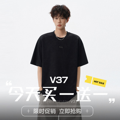 美式黑色圆领短袖男夏季