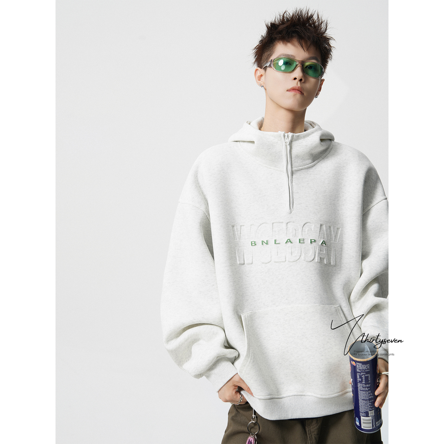 美式街头半高领拉链连帽外套男