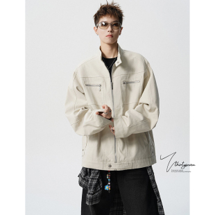 外套情侣衫 V37美式 潮牌小众工装 立领夹克男秋季 复古水洗帆布短款