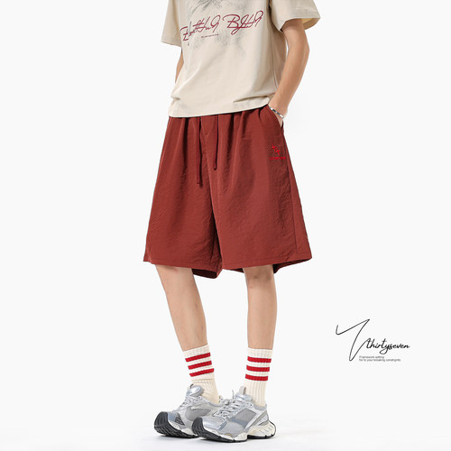 美式红棕色轻薄阔腿短裤男夏