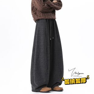 加绒加厚宽松阔腿长裤 美式 子 男冬季 V37高街复古灰色弯刀拼接卫裤