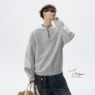 V37美式老钱风亨利领手缝线卫衣男春季白灰色复古高街休闲套头衫