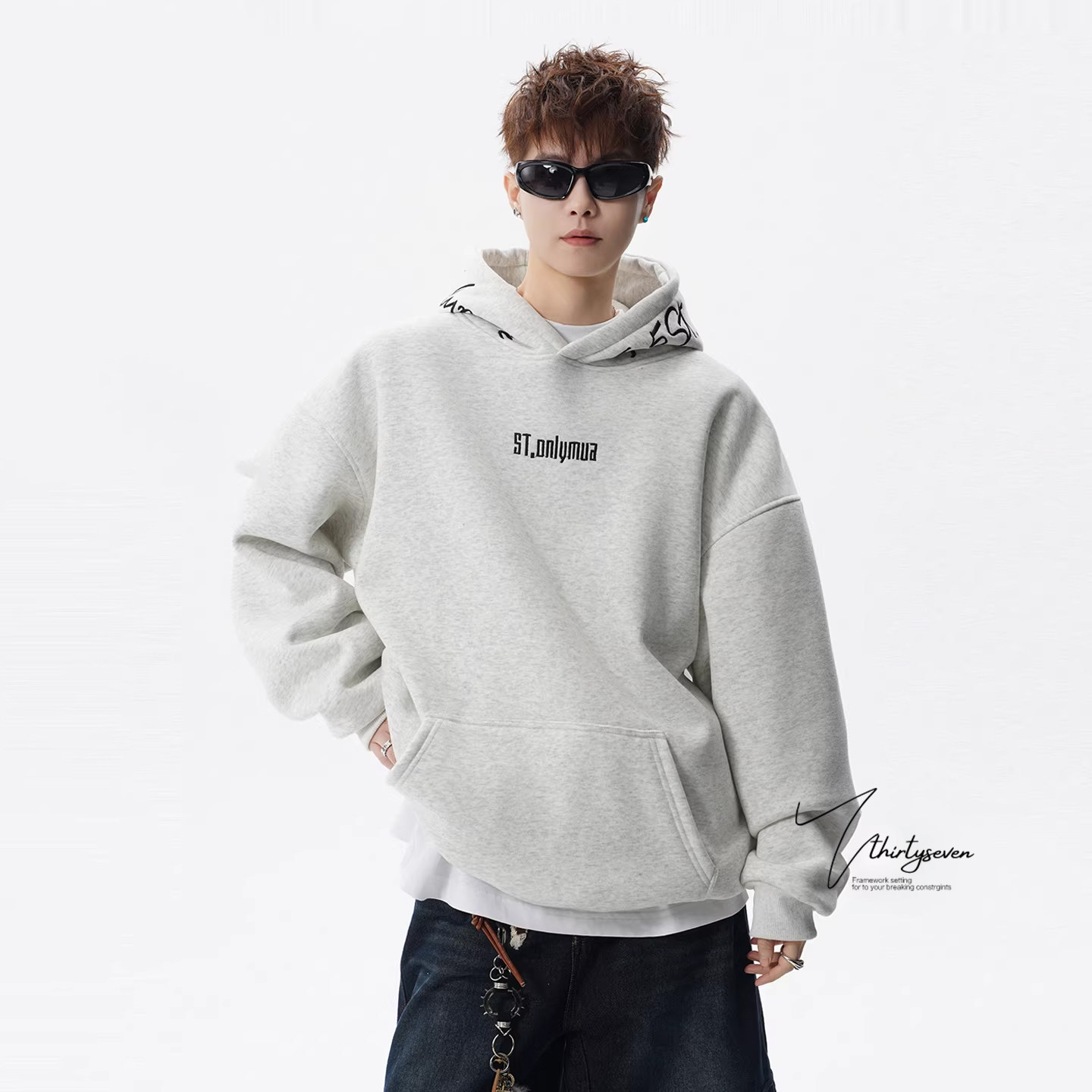 V37潮牌街头嘻哈风刺绣运动帽衫男春美式高街青少年潮流休闲卫衣