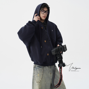 高街开衫 潮牌设计感拼接帽衫 上衣 夹克外套男秋季 V37重磅boxy短款