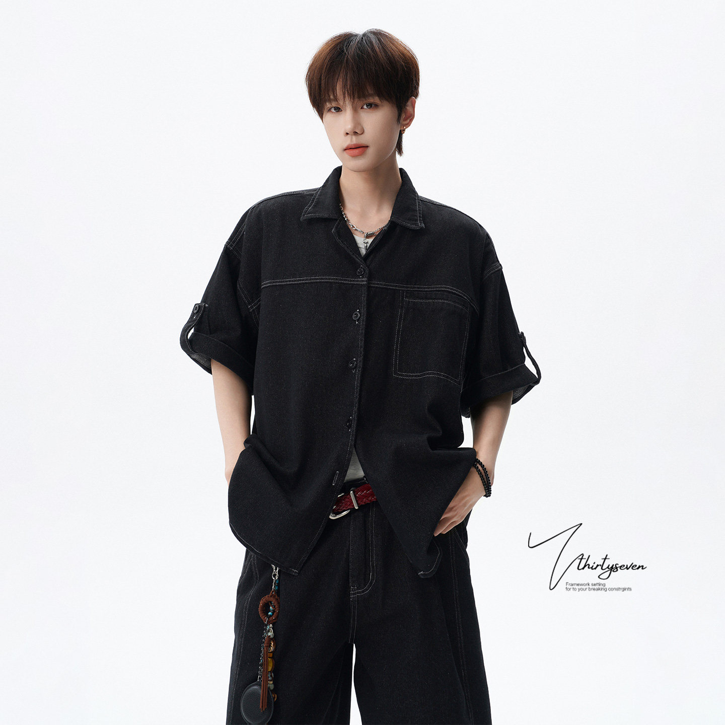 V37美式高街大码牛仔衬衫套装男夏季潮牌复古休闲短袖短裤两件套