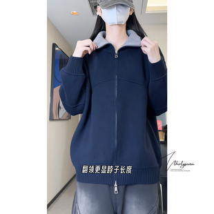 V37藏青色复古撞色翻领针织开衫 宽松慵懒风休闲情侣毛衣 男秋美式