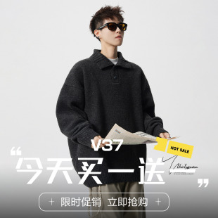 宽松休闲慵懒风排扣打底针织衫 秋冬季 设计感半开翻领毛衣男士