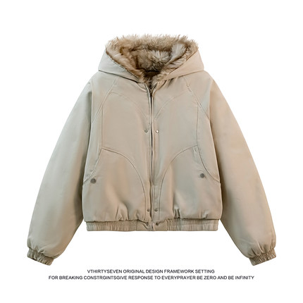 V37美式潮牌复古短款座山雕棉服男冬季情侣休闲加厚大码连帽棉衣