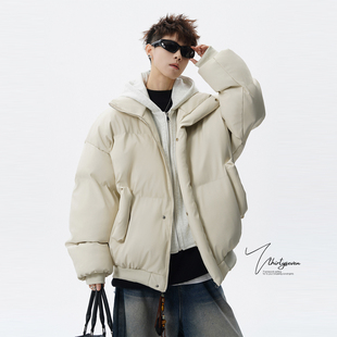 V37美式 高街米色假两件连帽面包服男冬潮牌加厚痞帅宽松通勤棉衣