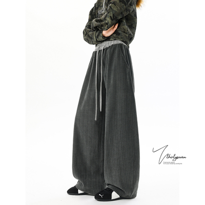 美式腰头拼接人字纹休闲裤子男