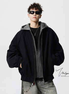 V37美式解构假两件加棉夹克外套男秋冬季街头痞帅高级感连帽棉衣