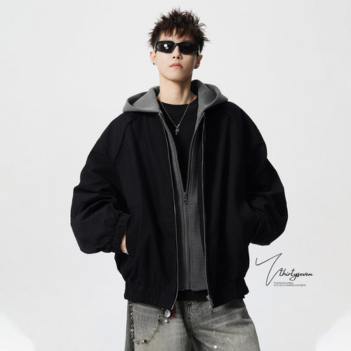 美式解构假两件加棉夹克外套男