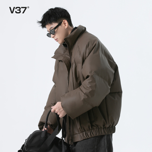 潮牌痞帅廓形防水夹克棉服 冬季 V37美式 吐司方格PU皮棉衣外套男款