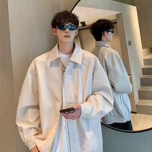 美式 高级感宽松百搭简约纯色青少年休闲夹克 古着皮衣外套男春季